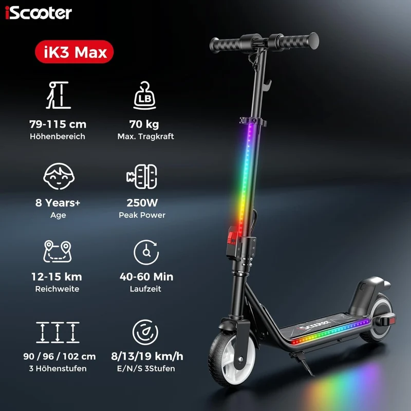 iScooter iK3Max Kinder E-Scooter 6″ mit LED & 3 Geschwindigkeiten