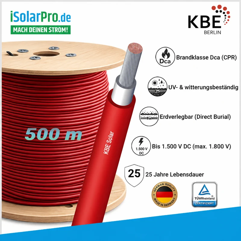 500m KBE Solar DB+ 6 mm² Photovoltaik Kabel (H1Z2Z2-K) – 1500 V DC rot
