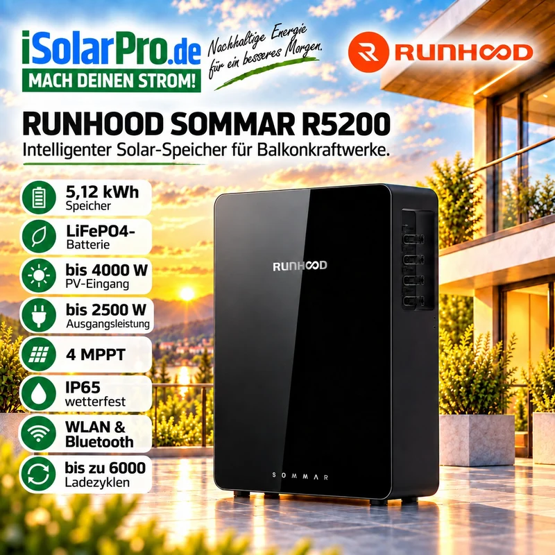 5,12 kWh Runhood SOMMAR R5200-DC All-in-One Micro Solar ESS · Balkonkraftwerk 4000 Watt PV-Eingang · AC-2500 Watt Notstrom · Solar-Speicher · Batterie