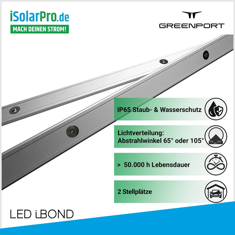 GREENPORT TRACY® LED Lichtleisten für Carport mit 2 Stellplätzen – IP67 Aluminium LED-Spots