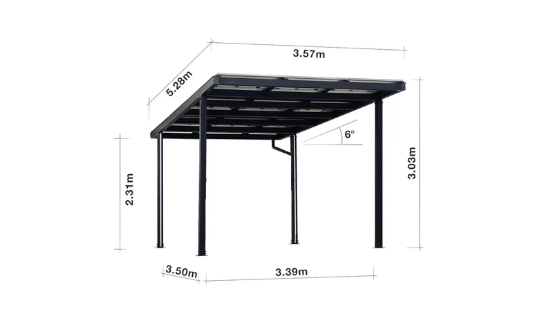 3.96 kW HUXPOWER Solar-Carport Single · 1 Stellplatz · 5280*3030*3390 mm · inkl. 9x 440W AESOLAR HORIZON - Bifacial Glas-Glas TRANSPARENT