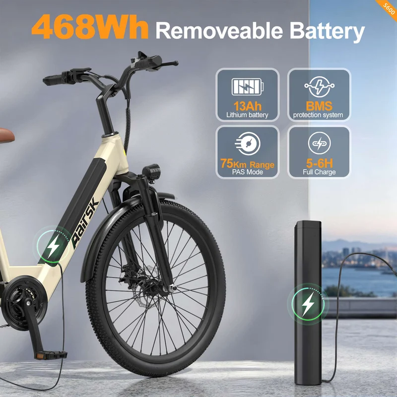 Electric City Bike for Adults, Removable Battery, NFC Lock, Rear Rack
