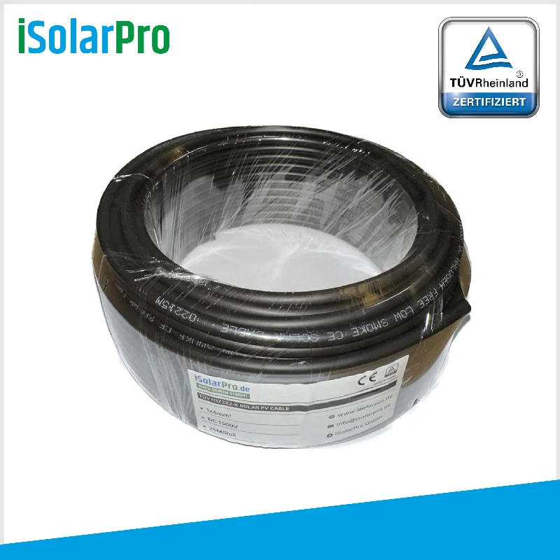 25m ISOLARPRO Solarkabel 6 mm² Photovoltaik Kabel für PV Anlagen schwarz