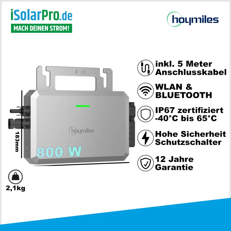 800W | 940Wp Balkonkraftwerk-Set: 2x 470W Trina Vertex S+ Solarmodul + 1x Hoymiles HF-800-WB Mikro Wechselrichter inkl. 5m AC-Kabel + 1x 2m MC-4 Verlängerungsset