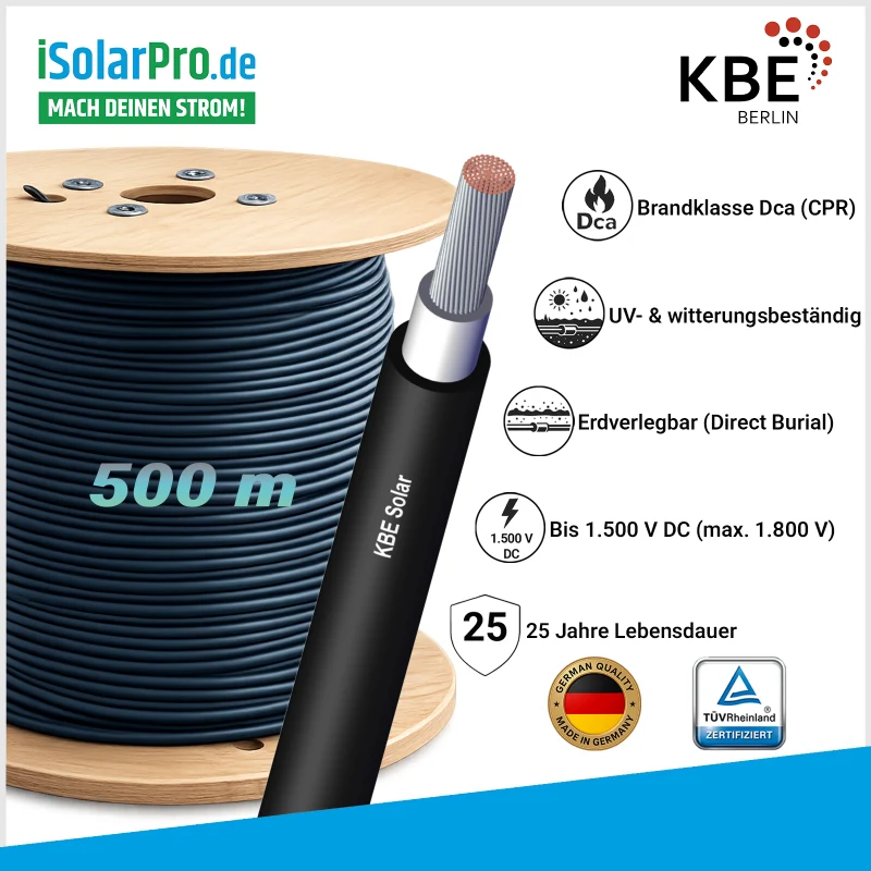 500m KBE Solar DB+ 6 mm² Photovoltaik Kabel (H1Z2Z2-K) – 1500 V DC schwarz
