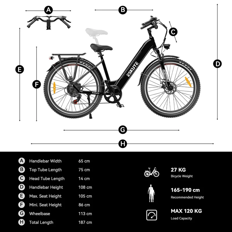 ESKUTE Polluno Plus 26"/28" City-Elektrofahrrad Mit Drehmomentsensor 250W Motor 36V 20Ah Batterie