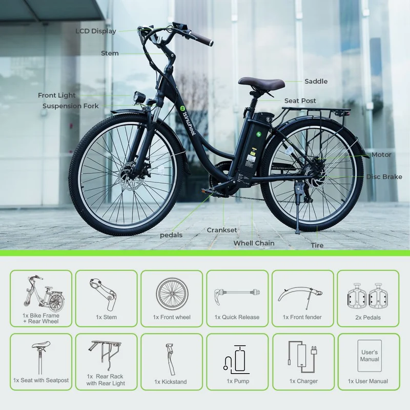 ISINWHEEL U2 26" Cruiser Pendel Elektrofahrrad 500W Motor 36V 13Ah Batterie