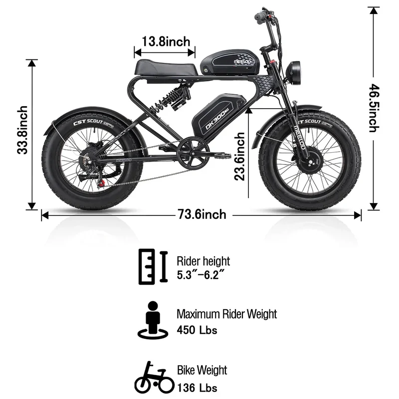 MEELOD DK300 MAX 20" Elektrofahrrad im Retro-Moped-Stil 2400W Spitzenleistung Motor 48V 20Ah Doppelbatterien